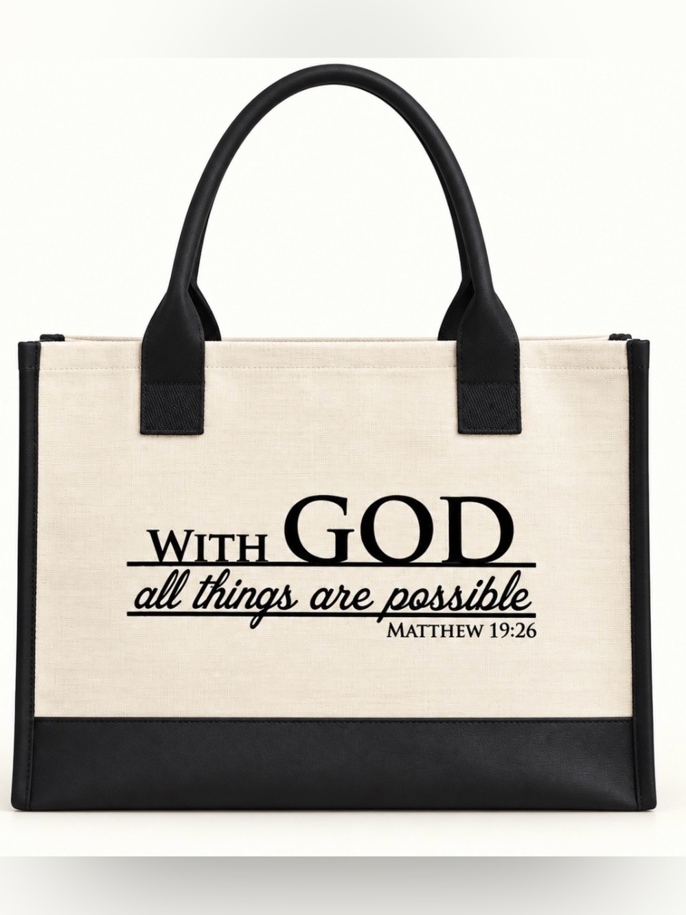 Canvas Tote Bag with Scripture Print - Black & Cream